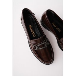 حذاء لوفر نسائي MUGGO ARVEN يومي بتفاصيل حجرية وإبزيم معدني - بني MUGGO ARVEN Women's Daily Loafer Shoes with Stone Details & Metal Buckle - Brown