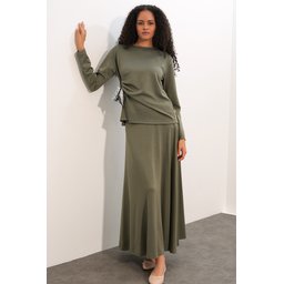 طقم بلوزة وتنورة نسائي مع وشاح 8077 - لون Çağla Women's Blouse and Skirt Set with Scarf 8077 - Çağla Color