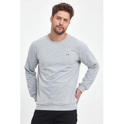 سويت شيرت رجالي رمادي بياقة دائرية وتطريز، قصة عادية Men's Grey Crew Neck Embroidered Regular Fit Sweatshirt