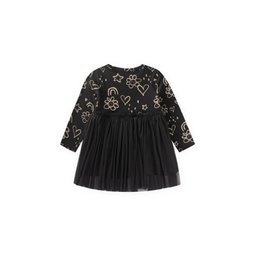 فستان بناتي أسود بتصميم منقوش مع طبقة تول (1-6 سنوات) Girls' Patterned Tulle Dress 1-6 Years - Black