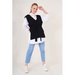 15760 سويتر تريكو بحزام - أسود 15760 Belted Knit Sweater - Black