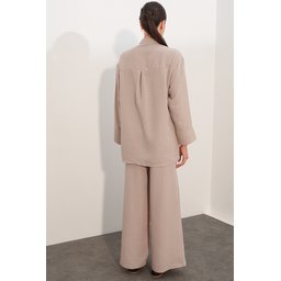 طقم نسائي قطعتين كتان فيسكوز - قميص أوفرسايز وبنطلون - بيج 30126 Women's Oversize Linen Viscose Shirt & Pants Two-Piece Set - Beige 30126