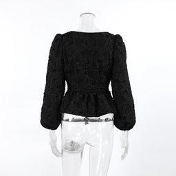 بلوزة جاكار فاخرة بياقة مربعة وأكمام منفوخة French-Style High-End Jacquard Shirt