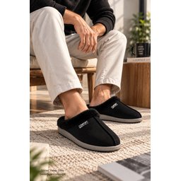 شبشب منزلي رجالي شتوي LAFONT من Muggo مبطن بالفرو ونعل مريح - أسود Muggo LAFONT Men's Winter Home Slippers - Fur Lined, Comfortable Sole - Black