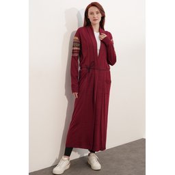 جاكيت كارديجان تريكو طويل 15690 - خمري 15690 Long Knitted Cardigan - A.Bordo