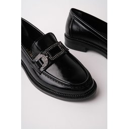 حذاء لوفر نسائي MUGGO ARVEN أسود بتفاصيل حجرية وإبزيم معدني MUGGO ARVEN Women's Loafer Shoes with Metal Buckle & Stone Detail - Black