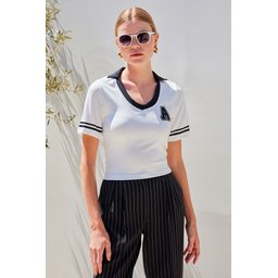 بلوزة تريكو بولو أساسية 4320 - أبيض 4320 Basic Polo Neck Knit Blouse - White