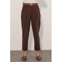 بنطلون قماش نسائي بحزام 30136 - بني Women's Belted Fabric Trousers 30136 - Brown
