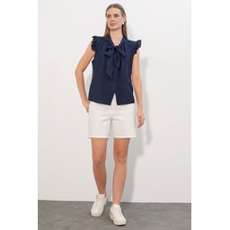 بلوزة نسائية بدون أكمام بربطة عنق 40038 - كحلي Women's Tie-Neck Sleeveless Blouse 40038 - Navy Blue