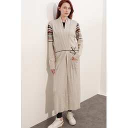 جاكيت صوف طويل 15690 - حجر 15690 Long Knit Cardigan - Stone
