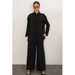 طقم نسائي قطعتين قميص وبنطلون كتان فضفاض 30126 - أسود Women's Oversize Linen Shirt and Pants Two-Piece Set 30126 - Black