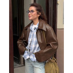 جاكيت جلد عريض بياقة كلاسيكية Leaher Jacket