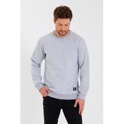 سويت شيرت رجالي بياقة دائرية وتفاصيل ملصق داخلي مبطن بالقطن - رمادي Men's Crew Neck Sweatshirt with Label Detail, Cotton Lined - Grey