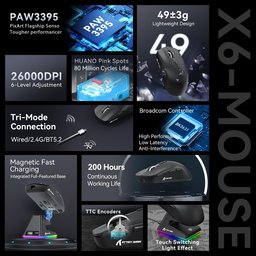 ماوس ألعاب أتاك شارك X6 فائق الخفة مع قاعدة شحن مغناطيسية وإضاءة RGB ATTACK SHARK X6 Tri-Mode Wireless Gaming Mouse with Magnetic Charging Dock