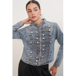 جاكيت جينز نسائي أزرق بقصة ضيقة بأزرار 0764 Women's Slim Fit Buttoned Denim Jacket 0764 - Blue