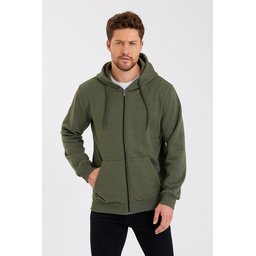 METALIC سترة رجالية بغطاء رأس وسحاب، بجيوب كانجارو، مبطنة بالقطن - كاكي METALIC Men's Khaki Hooded Zipper Cardigan with Kangaroo Pockets, Cotton Lined