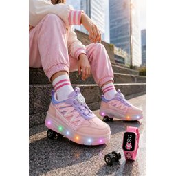 Muggo SKY حذاء رياضي أطفال بعجلات وإضاءة LED - بودرة Muggo SKY Kids' Light-Up Roller Skate Sneaker Shoes - Powder Pink