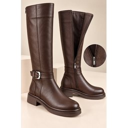 Muggo HARNES حذاء بوت نسائي طويل بسحاب ومشبك - بني Muggo HARNES Women's Zippered Buckle Tall Rider Boots - Brown