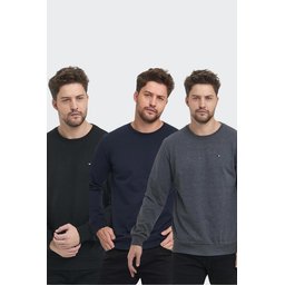 طقم سويت شيرت رجالي 3 قطع بقصة عادية وياقة دائرية وتطريز - أسود، كحلي، أنثراسيت Men's Black-Navy-Anthracite Crew Neck Embroidered Regular Fit 3-Pack Sweatshirt