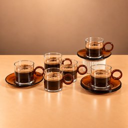 طقم فناجين قهوة زجاجية مع صحون – عسلي Amber Glass Coffee Cups with Saucers Set