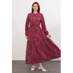 فستان نسائي طويل محتشم بنقشة 2586 - خمري Women's Patterned Long Modest Dress 2586 - Burgundy