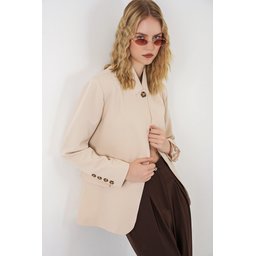 جاكيت بليزر نسائي بيج فضفاض بزر واحد 0749 Women's Single Button Oversize Blazer Jacket 0749 - Beige
