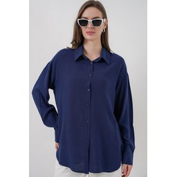 قميص نسائي أوفرسايز فيسكوز 3785 - كحلي Women's Oversize Viscose Shirt 3785 - Navy Blue