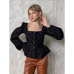 بلوزة جاكار فاخرة بياقة مربعة وأكمام منفوخة French-Style High-End Jacquard Shirt