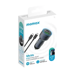 شاحن سيارة ثنائي المنفذ بقدرة 67 واط مع مساحة كابل (رمادي) Momax MoVe 67W dual-port car charger with CtoC Cable Space (Grey)