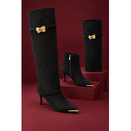 حذاء بوت نسائي MUGGO SERENZA بساق قابل للفك، كعب رفيع، مقدمة مدببة ومعدنية - بني سويدي Muggo SERENZA Women's Detachable Cuff Stiletto Boots - Brown Suede