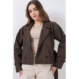 ترنشكوت نسائي قصير بحزام 5970 - بني غامق Women's Belted Short Trench Coat 5970 - Dark Brown