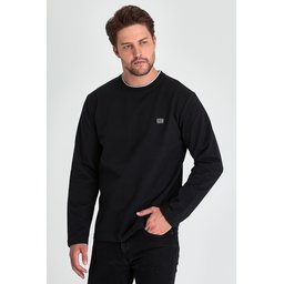 سويت شيرت رجالي أسود بياقة دائرية مزدوجة وتفاصيل طباعة، قصة مريحة Men's Black Double Crew Neck Printed Detail Standard Relaxed Fit Sweatshirt
