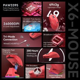 ماوس ألعاب أتاك شارك X6 فائق الخفة مع قاعدة شحن مغناطيسية وإضاءة RGB ATTACK SHARK X6 Tri-Mode Wireless Gaming Mouse with Magnetic Charging Dock