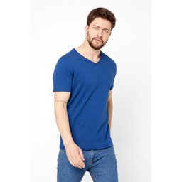 تي شيرت رجالي قطن 100% بقصة عادية وياقة V لون نيلي Men's Indigo 100% Cotton Basic Regular Fit V-Neck Short Sleeve T-Shirt