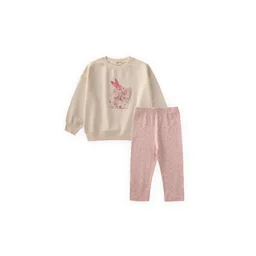 طقم سويت شيرت وبنطال ليجنز مطبوع للأطفال 1-7 سنوات - إيكرو Printed Sweatshirt & Leggings Set for Kids 1-7 Years - Ecru