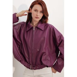 جاكيت نسائي جلد بحزام 1056 - لون بنفسجي داكن Women's Belt Detail Leather Jacket 1056 - Plum