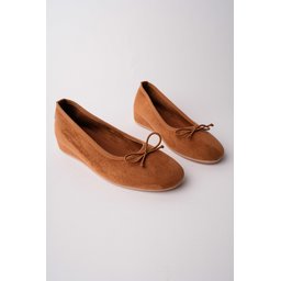Muggo HİDDEN حذاء باليه نسائي جلد بكعب مخفي وتفاصيل فيونكة - توبا Muggo HİDDEN Hidden Heel Bow Detail Leather Women's Ballet Flats - Taba