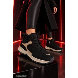 Muggo NORTEX حذاء سنيكرز نسائي شتوي بفرو وسحاب ونعل سميك - أسود Muggo NORTEX Women's Fur-Lined Zipper Thick Sole Lace-Up Winter Sneaker Boots - Black