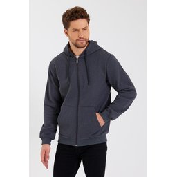 METALIC سترة رجالية بغطاء رأس وسحاب، بجيوب كانجارو، مبطنة بالقطن - أنثراسيت METALIC Men's Hooded Zipper Cardigan with Kangaroo Pockets, Cotton Lined - Anthracite