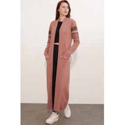 جاكيت تريكو طويل 15690 - لون وردي مجفف 15690 Long Knit Cardigan - Dried Rose