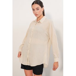 قميص نسائي فضفاض بخطوط 20407 - كريم Women's Striped Oversize Shirt 20407 - Cream
