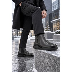 حذاء تشيلسي رجالي MUGGO LENOX جلد طبيعي بسحاب ونعل سميك - أسود MUGGO LENOX Men's Genuine Leather Chelsea Boots with Zipper & Chunky Sole - Black