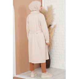 T5853 ترنشكوت نسائي محتشم بياقة متقاطعة وحزام - بيج T5853 Modest Crossover Collar Belted Trench Coat - Beige