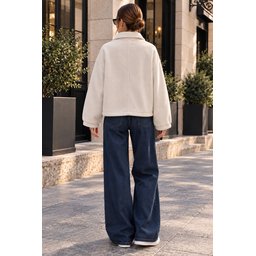 جاكيت نسائي بسحاب وتفاصيل حزام 0784 - كريمي Women's Belt Detail Zipper Jacket 0784 - Cream