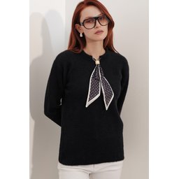 كنزة نسائية فضفاضة بتفاصيل وشاح 15971 - أسود Women's Oversize Sweater with Scarf Detail 15971 - Black