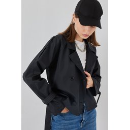 ترنشكوت نسائي قصير بحزام 5970 - أسود Women's Belted Short Trench Coat 5970 - Black