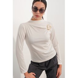 بلوزة نسائية بأكمام طويلة وتفاصيل مشبك 40046 - أبيض Women's Long Sleeve Blouse with Buckle Detail 40046 - White
