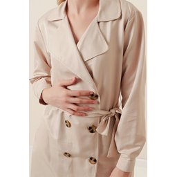 5864 ترنشكوت قصير بياقة متقاطعة - بيج 5864 Crossover Collar Short Trench Coat - Beige