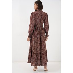 فستان نسائي محتشم بحزام 2589 - بني Women's Belted Modest Dress 2589 - Brown