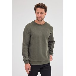 سويتشيرت رجالي بيسك بياقة دائرية، قصة عادية، قطن، لون كاكي Men's Khaki Standard Fit Regular Cut Cotton Basic Crew Neck Sweatshirt